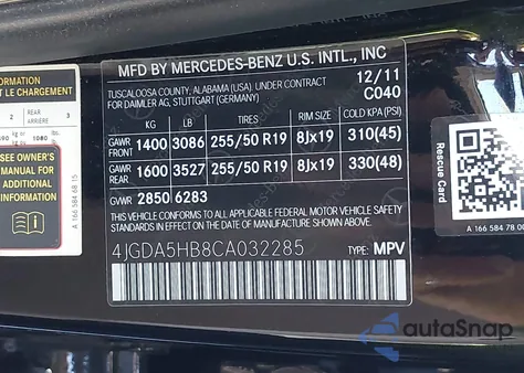 2012 Mercedes-Benz Ml 350 4Matic z USA, uszkodzony, nr VIN 4JGDA5HB8CA032285